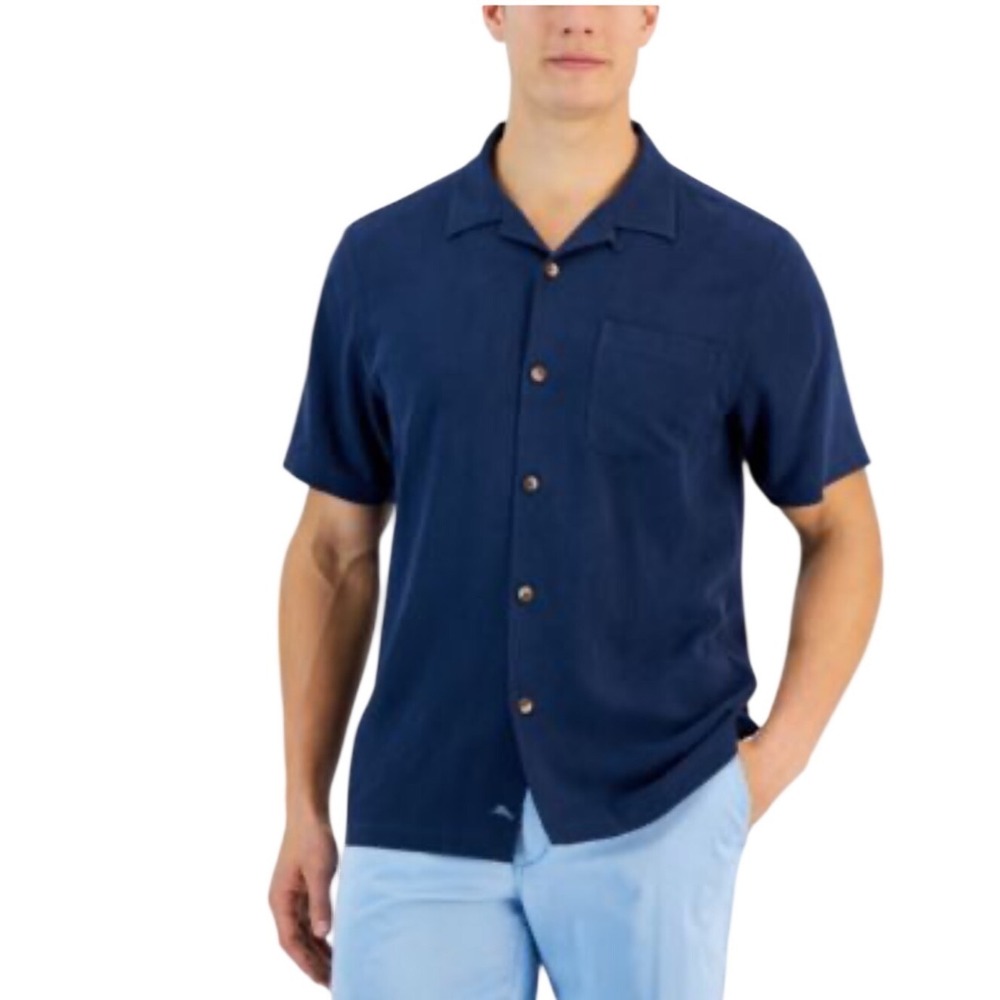 Tommy Bahama Mens XLT Navy Blue 100% Silk Jacquard Tropical Camp Shirt Short Slv